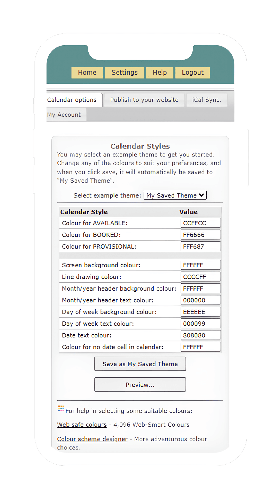 PIMS calendar customization screen showing calendar styles on a phone