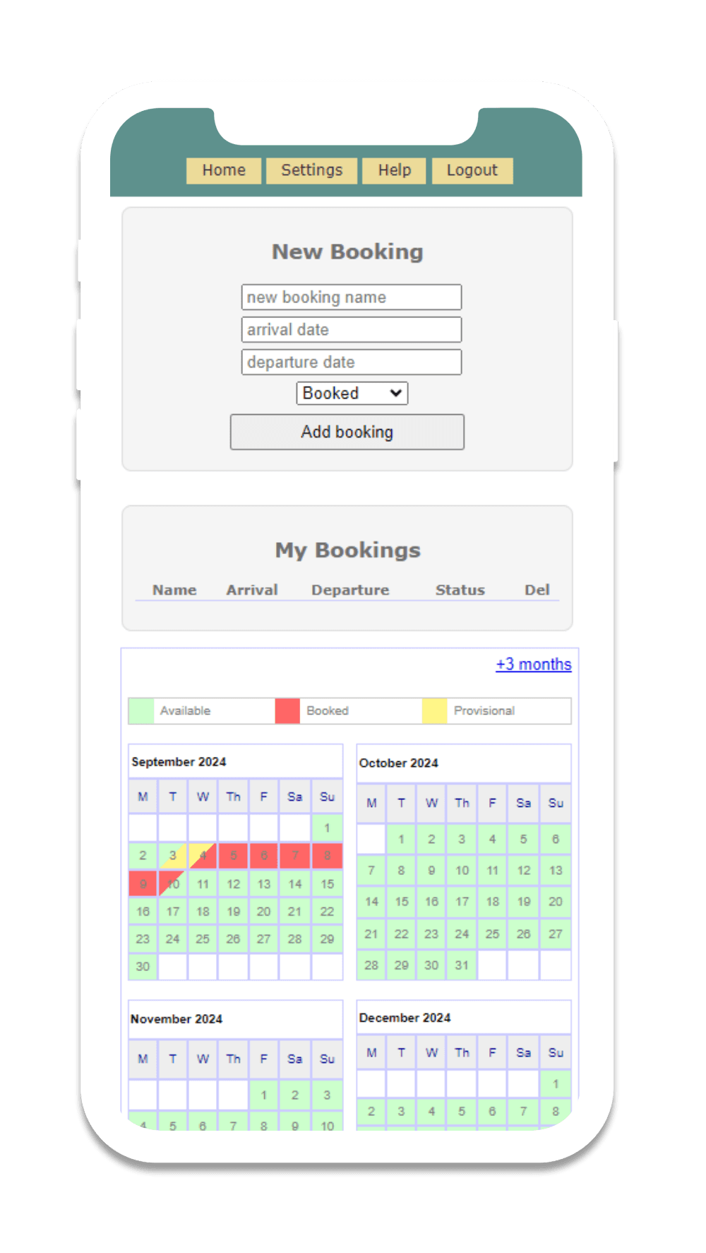 PIMS interface showing My Bookings and an availability calendar on a phone
